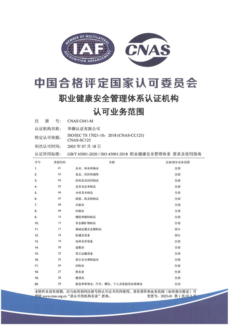 職業健康安全管理體系認證機構認可證書