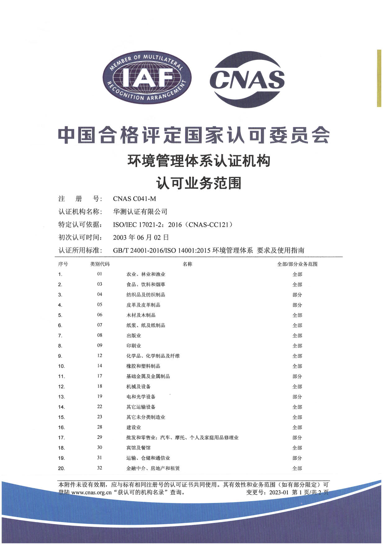 ISO 14001環境管理體系認可證書-中文1