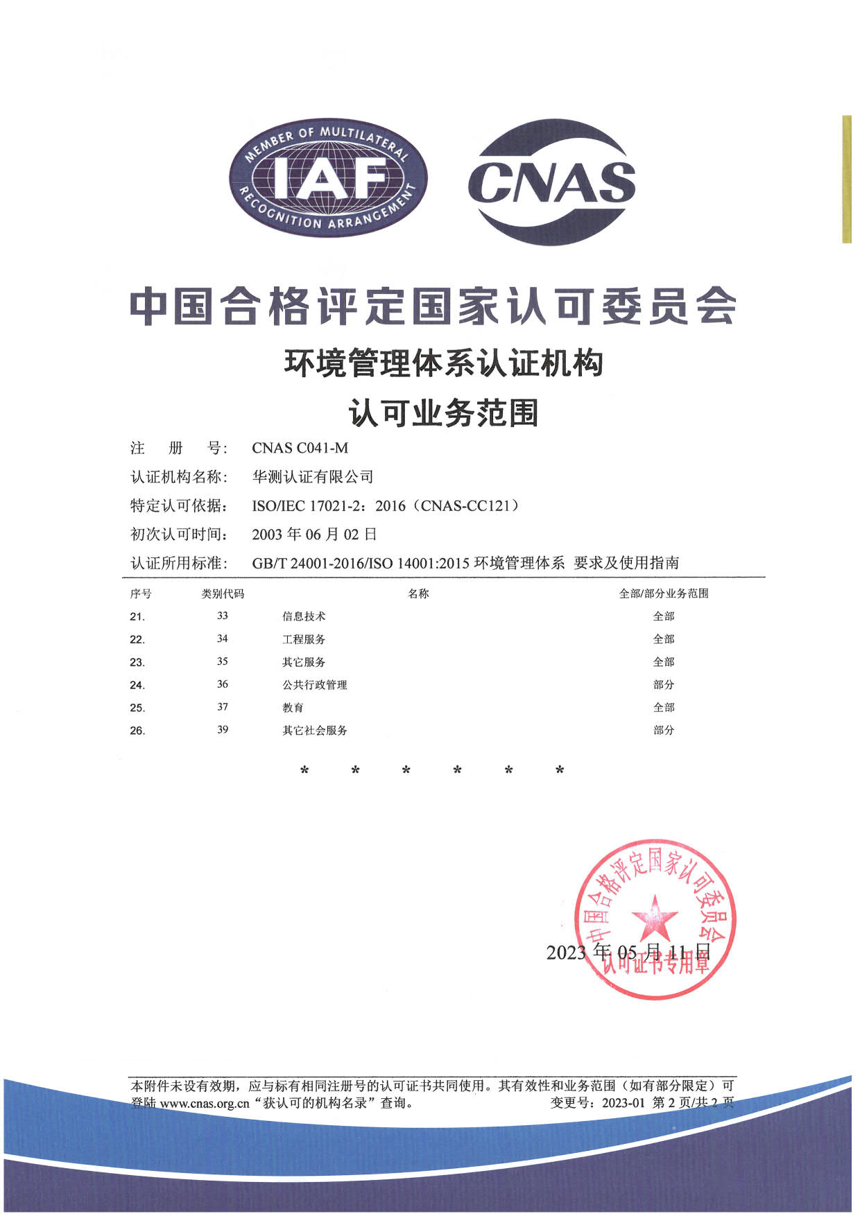 ISO 14001環境管理體系認可證書-中文2