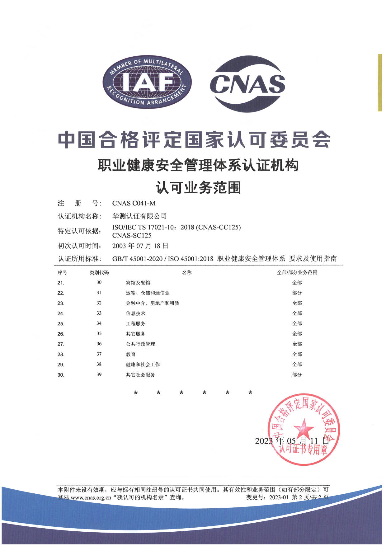 ISO 45001職業健康安全管理體系認可證書-中文2