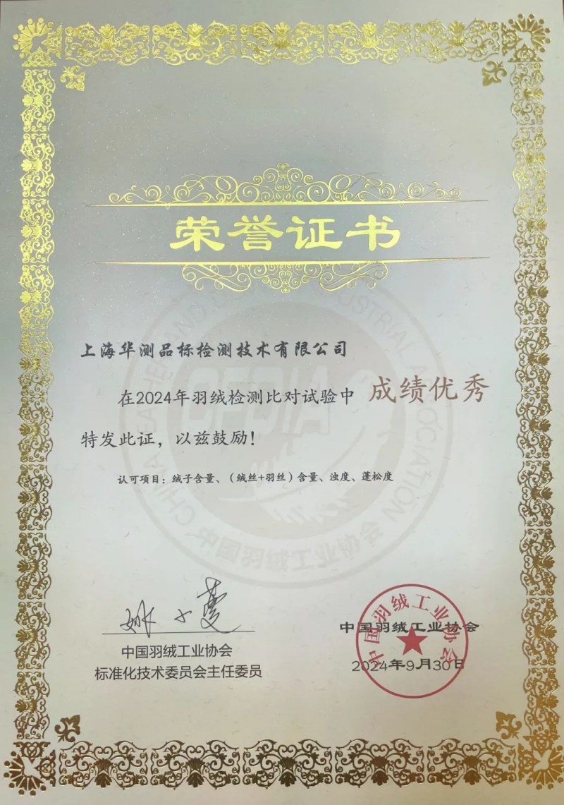 中國羽絨工業(yè)協(xié)會羽絨檢測比對試驗優(yōu)秀結(jié)果實驗室